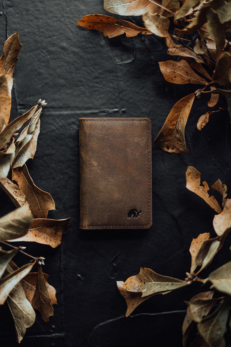 A brown leather wallet placed on a dark surface surrounded by dried leaves.
