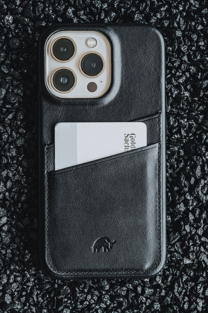 Black leather phone case with card slot and embossed bull logo