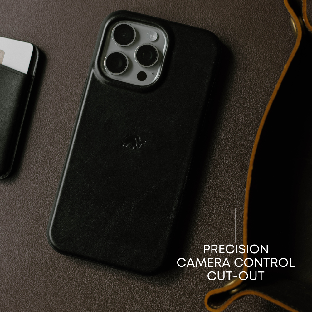 Black leather iPhone case with precision camera control cut-out