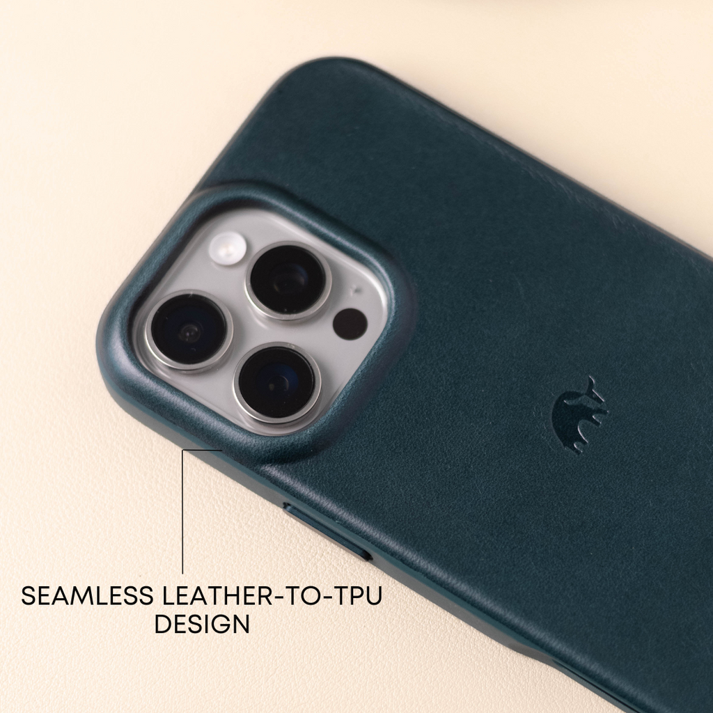 Close-up of the Flex Case in Ocean color, showcasing seamless leather-to-TPU design and camera cutout.
