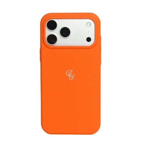 Rear view of Performance Case in Blaze orange leather with textured finish, raised camera lip and silver monogram