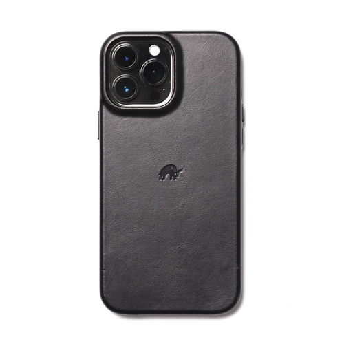 Black leather phone case with camera cutout and logo