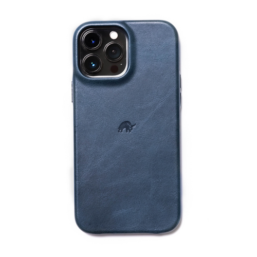 Blue leather phone case with an embossed logo