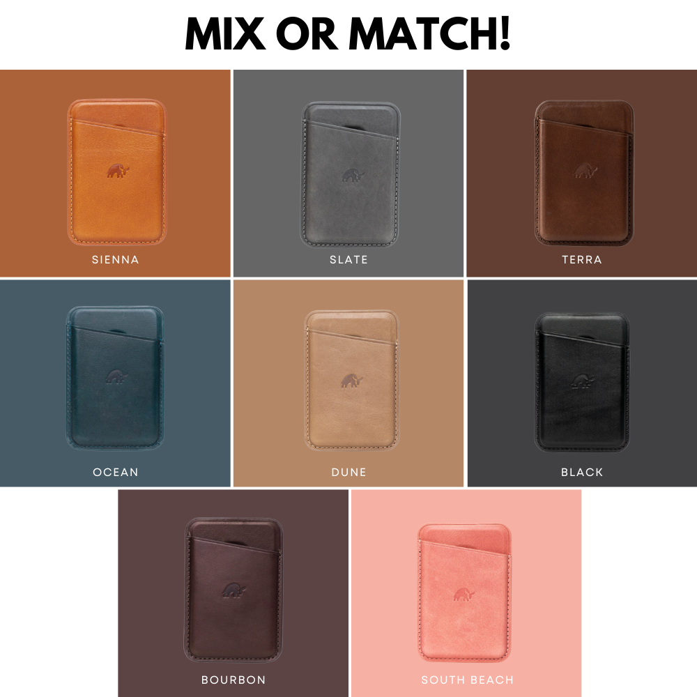 Color options for Leather Magnetic Wallet: Sienna, Slate, Terra, Ocean, Dune, Black, Bourbon, South Beach