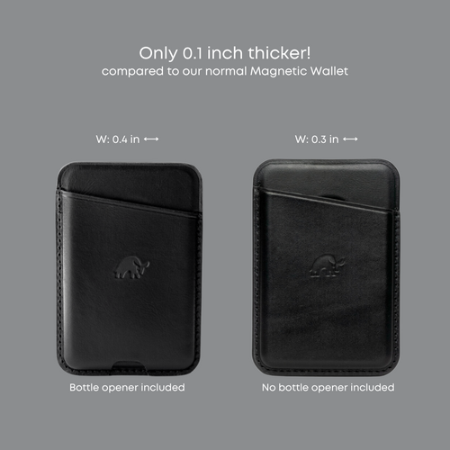 Two black magnetic popper wallets side-by-side; left W: 0.4 in with bottle opener, right W: 0.3 in without bottle opener