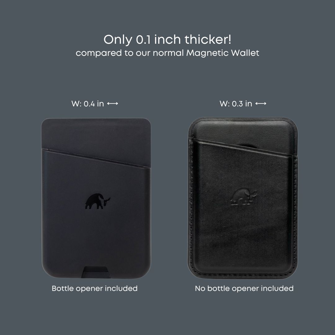 Side-by-side wallets: Magnetic Popper with bottle opener (W: 0.4 in) and standard Magnetic Wallet without opener (W: 0.3 in)