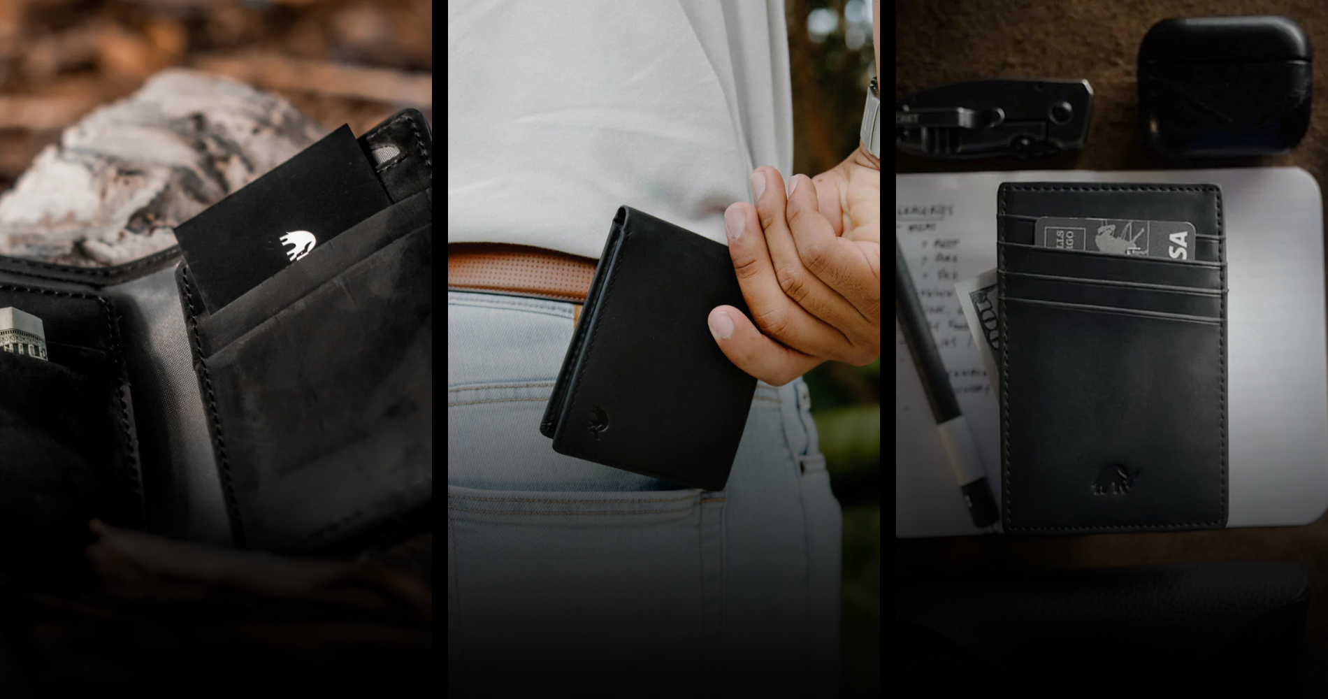 Three wallets displayed in different settings: one on a surface, one in a pocket, and one on a desk with accessories.