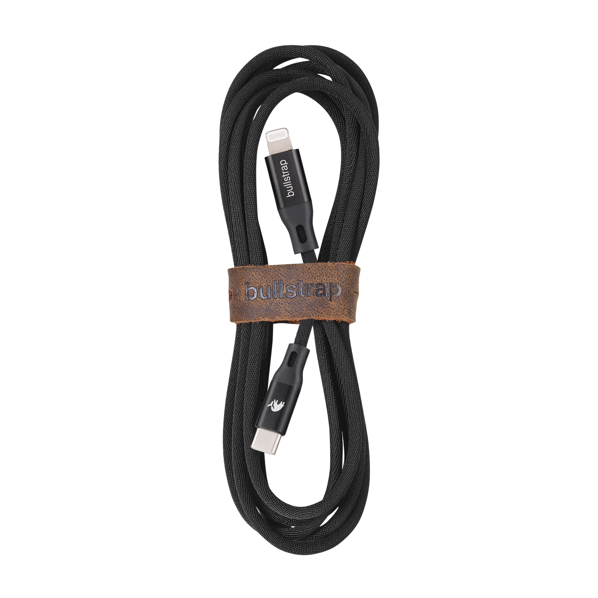 Black charging cable with USB-C to Lightning connector, featuring a leather cable-management loop.