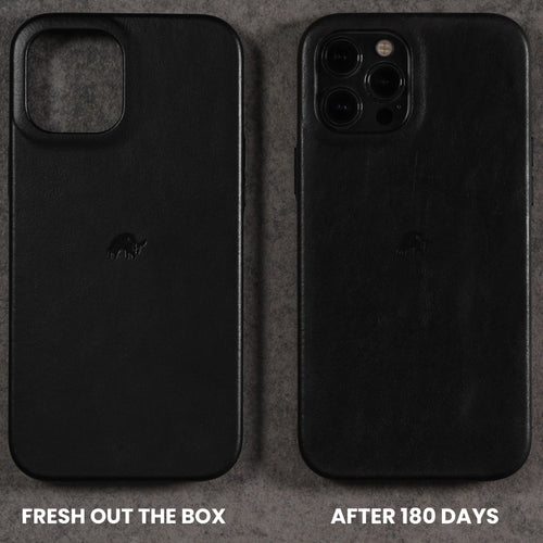Two black leather iPhone cases side-by-side, left pristine with 'FRESH OUT THE BOX', right worn with 'AFTER 180 DAYS'.
