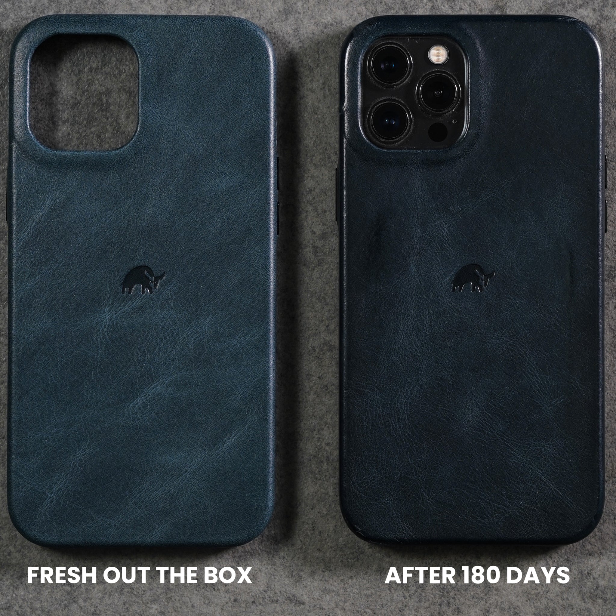 Comparison of two iPhone cases: fresh out of the box and after 180 days of use.