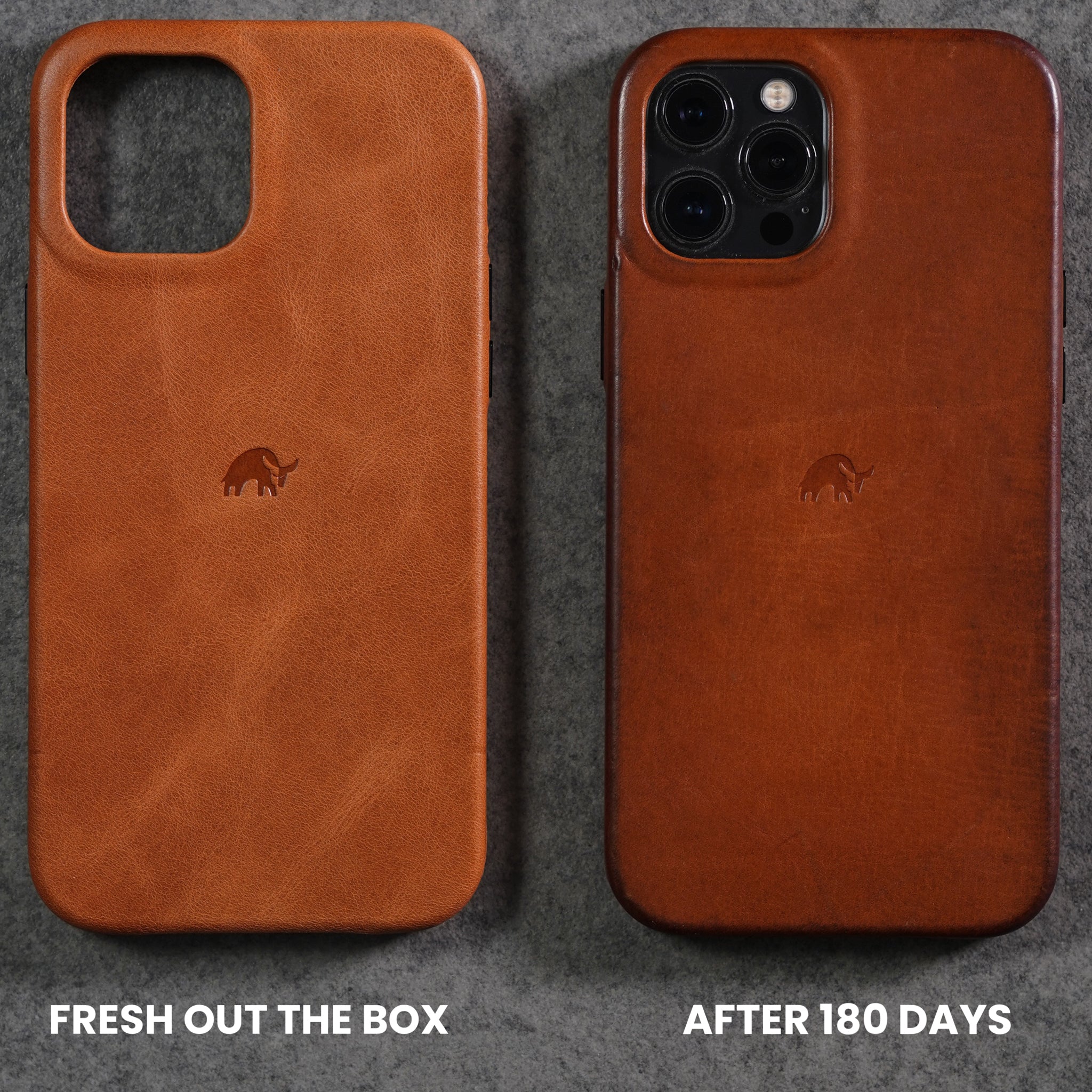 Comparison of Bullstrap iPhone cases: fresh out of the box vs. after 180 days of use.