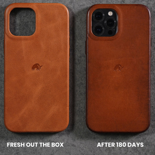 Comparison of Bullstrap iPhone cases: fresh out of the box vs. after 180 days of use.