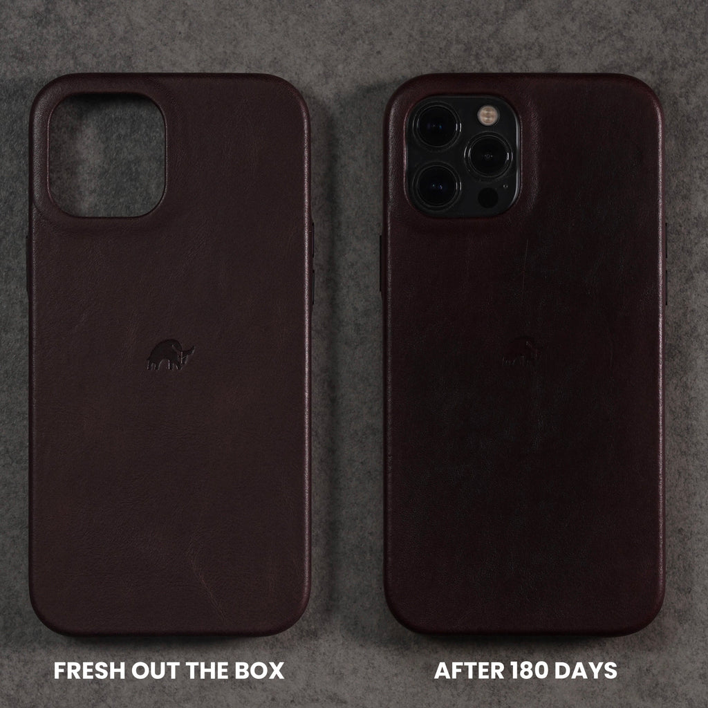 Bourbon leather iPhone case: left fresh, right after 180 days — visible text: FRESH OUT THE BOX; AFTER 180 DAYS